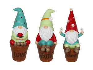 13CM FLOWER GNOME WITH INSPIRATIONAL POT 3 ASSTD