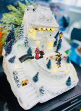 Load image into Gallery viewer, Christmas snowy village with skating children and changing colour river
