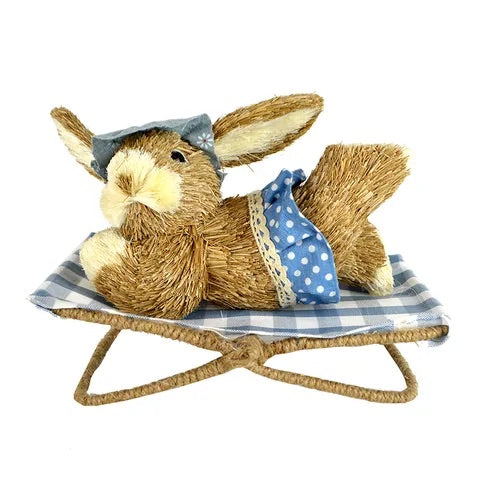 RILEY STRAW BUNNY ON CHAIR 23X20CM- BLUE