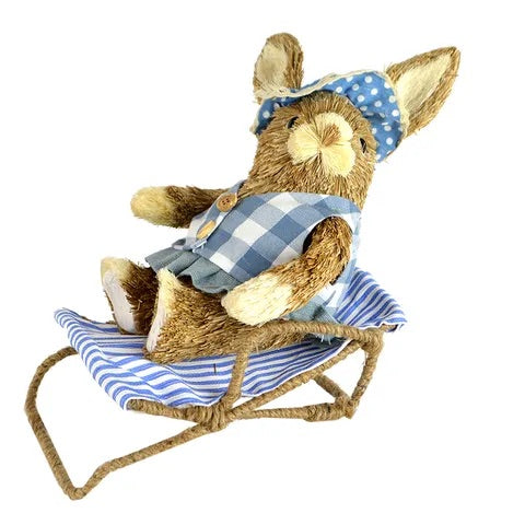 RICKI STRAW BUNNY ON CHAIR 26X21CM- BLUE