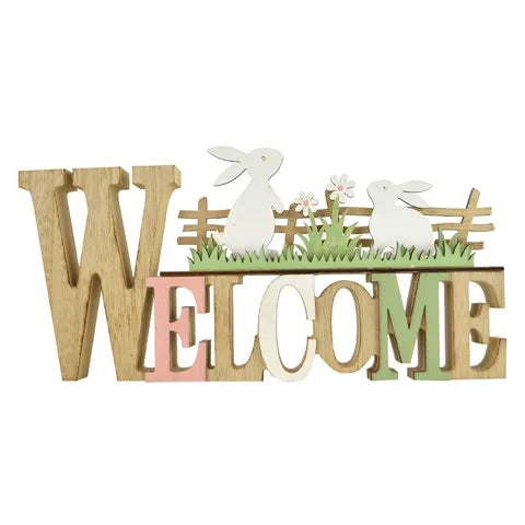 WOOD EASTER WELCOME SIGN 30X15CM-MULTI